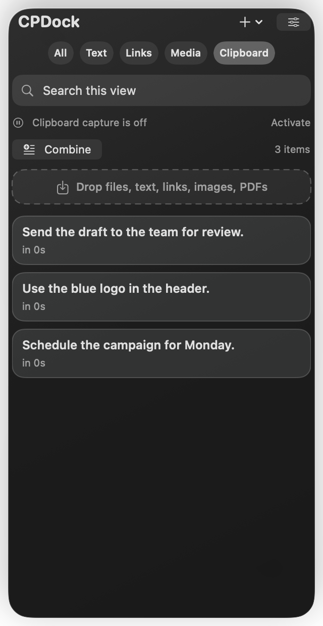 CPDock's native clipboard shelf with recent text copies and capture controls